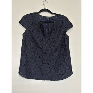 J. Crew Flower Lace Cap Sleeve Blouse Top SZ 10 Navy Key Hole Pullover Preppy